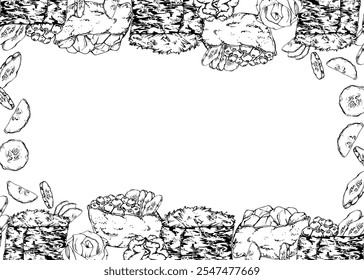Comida tradicional japonesa, sushi de gunkan inari com peixe cru, caranguejo de atum de salmão, fatias de pepino de caviar, mão de gengibre desenhada em caneta vetorial, tinta. Borda quadro para restaurante, menu café, cozinha, livro de receitas