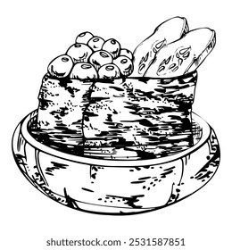 Comida tradicional japonesa, sushi de gunkan com caviar de salmão de peixe cru, fatias de pepino em tigela de cerâmica, mão desenhada em caneta vetorial e tinta. Ilustração para restaurante, menu café, cozinha, livro de receitas