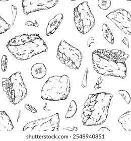 Traditional Japanese food, inari sushi with raw fish salmon tuna crab, tofu wrap, caviar cucumber ginger hand drawn in vector pen, ink. Seamless pattern for restaurant, cafe menu, kitchen, recipe book