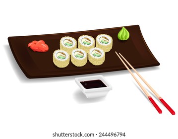 Traditional japanese food. Maki sushi on the plate with chopsticks, wasabi, ginger and soy. Isolated elements. Vector color cartoon
