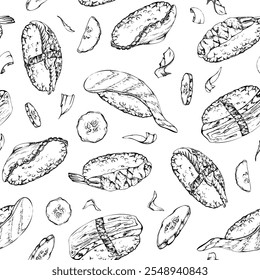 Comida tradicional japonesa, sushi nigiri com peixe cru atum salmão camarão unagi, tamagoyaki tako polvo, mão desenhada em caneta vetor, tinta. Padrão perfeito para restaurante, menu café, cozinha, livro de receitas