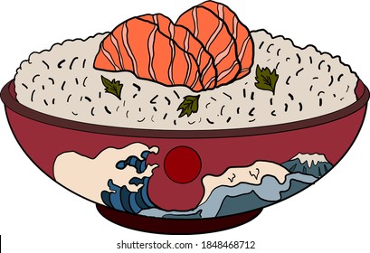 Traditional Japanese food for restaurant printing on wallpaper.Rice with salmon vector illustration for doodle art.Asian food.