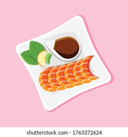 Traditional Japanese food for salmon sashimi. Salmon slices, sauce, wasabi, and orange slices. on a plate. seen from above. pink background