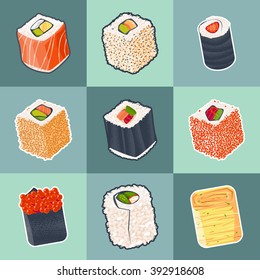 Traditional japanese food. Selection of sushi rolls. Vector illustration
