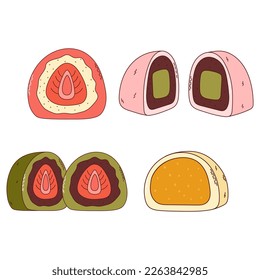 Traditional Japanese food set. Asian Daifuku. Delicious desert. Vector illistration