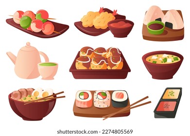 Traditional Japanese Food set concept in the flat cartoon style. Images of dishes of Japanese cuisine. Vector illustration.