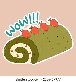Traditional Japanese food sticker. Asian Matcha cake roll with strawberry. Vector illistration