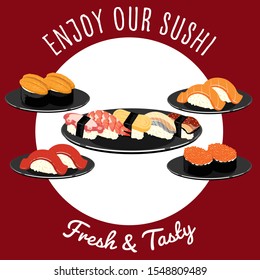 Traditional Japanese food. Sushi background pattern.