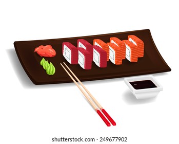 Traditional japanese food. Sushi with salmon and tuna on the plate with chopsticks, wasabi, ginger and soy. Isolated elements. Vector color cartoon