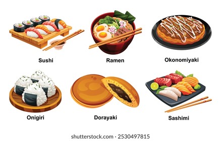 Traditional Japanese foods like sushi, ramen, onigiri, and sashimi. Vector cartoon illustration