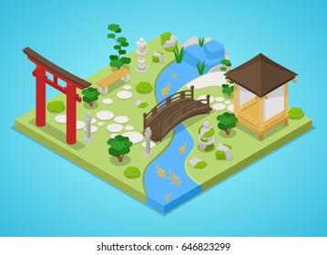 Traditional Japanese Garden with Bridge and Trees. Isometric vector flat 3d illustration