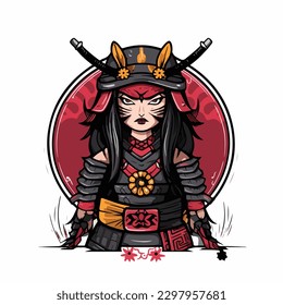 Traditional japanese geisha girl wearing samurai warrior costume and devil oni mask cartoon vector illustration