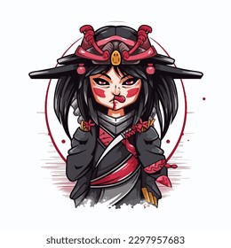 Traditional japanese geisha girl wearing samurai warrior costume and devil oni mask cartoon vector illustration