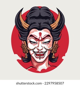 Traditional japanese geisha girl wearing samurai warrior costume and devil oni mask cartoon vector illustration