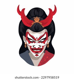 Traditional japanese geisha girl wearing samurai warrior costume and devil oni mask cartoon vector illustration