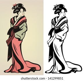 traditional japanese geisha vector illustration - in color and black and white outline