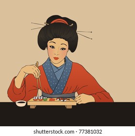 Traditional japanese girl enjoy sushi. Vector illustration.