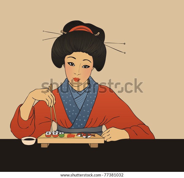 Traditional Japanese Girl Enjoy Sushi Vector Stock Vector (Royalty Free ...