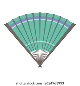 Traditional japanese green and purple folding fan spreading its delicate paper on white background