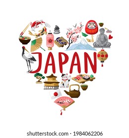 Traditional Japanese heart-shaped symbols with the lettering Japan in the center isolated on white. Tourist sign of the Eastern country for souvenirs, cards, poster, travel guides. Vector illustration