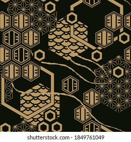 traditional Japanese hexagon pattern oriental style with waves texture in black and gold. Vector seamless pattern design for textile, fashion, paper, packaging and branding. 