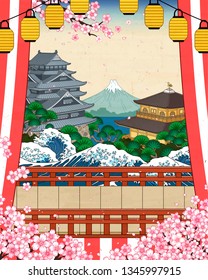 Traditional japanese historic scenery with cherry blossoms in ukiyo-e style