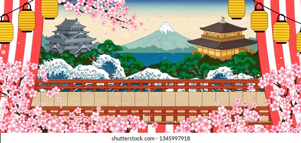 Traditional japanese historic scenery with cherry blossoms in ukiyo-e style