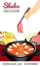 Traditional japanese hot pot, shabu-shabu, sukiyaki, thinly sliced beef and assorted vegetables cooked.