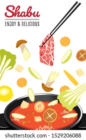 Traditional japanese hot pot, shabu-shabu, sukiyaki, thinly sliced beef and assorted vegetables cooked.