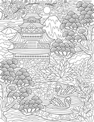 Traditional Japanese House Beside A Lake With Swans And Trees Colorless Line Drawing. Old Asian House Surrounded By Tree Pond Coloring Book Page.