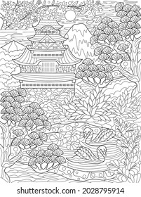 Traditional Japanese House Beside A Lake With Swans And Trees Colorless Line Drawing. Old Asian House Surrounded By Tree Pond Coloring Book Page.