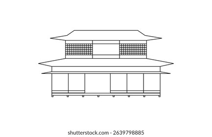 Traditional Japanese house drawn in outline style with layered roof detail. Minimal vector icon for cultural education, architecture, or infographic elements.