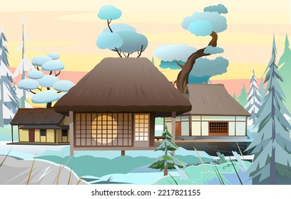 Traditional Japanese house. Snowdrifts. Winter landscape. Small village. Rural dwelling with thatched roof. illustration vector