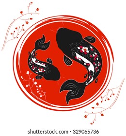 Traditional Japanese illustration with japan flower and carp