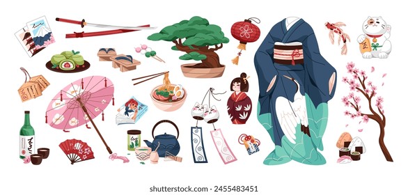 Traditional Japanese items set. Touristic souvenirs from Japan: kimono, asian tea, kokeshi, maneki neko, fan. Sakura, bonsai, oriental koi, national food. Flat isolated vector illustrations on white