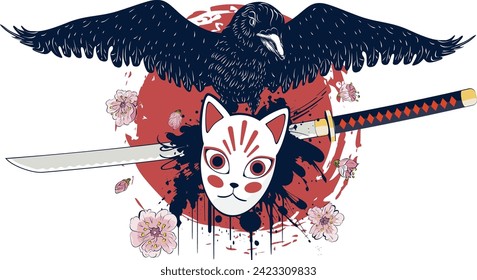 Traditional japanese kami mask kitsune, black raven and katana sword.