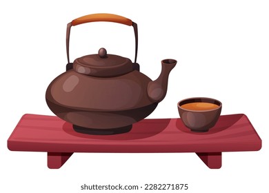 Traditional Japanese kettle or teapot with cups on wooden table, tea ceremony in cartoon style isolated on white background