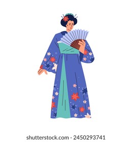 Traditional Japanese kimono, vector illustration. Full-length female character in oriental national clothes, with a fan in her hands. Full length girls in flat style on isolated background.