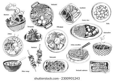 Traditional Japanese kitchen. A set of classic dishes.