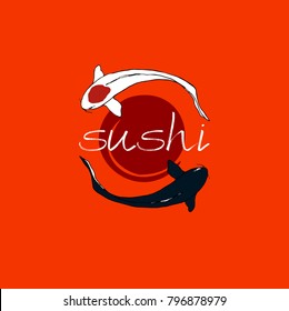 traditional Japanese koi carp and lettering sushi logo on a red background
