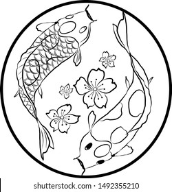 Traditional Japanese koi fish for painting on wall.Koi carp vector for tattoo design.Hand drawn Cherry blossom on background.