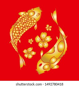 Traditional Japanese koi fish for painting on wall.Koi carp vector for tattoo design.Hand drawn Cherry blossom on background.Golden fish vector on red.