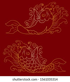 Traditional Japanese Koi fish vector with waves for tattoo on background.Hand drawn Koi carp for doodle coloring book on isolated white background.