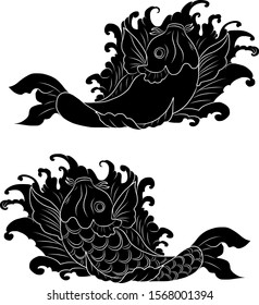 Traditional Japanese Koi fish vector with waves for tattoo on background.Hand drawn Koi carp for doodle coloring book on isolated white background.
