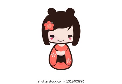 Traditional Japanese Kokeshi doll isolated vector illustration. Kawaii Kokeshi Doll girl souvenir with cute Kimono on.