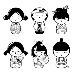 Traditional Japanese Kokeshi Dolls. Black And White Vector Illustration For Coloring Pages 