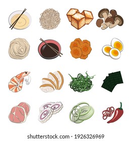 Traditional Japanese or Korean food - a big set of ingredients for traditional Oriental ramen noodle soups. Vector illustration in hand-drawn style on a white background