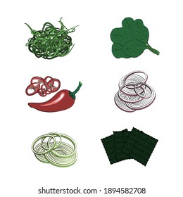 Traditional Japanese or Korean food - chuka, spinach, onion, nori and chili pepper. Set of ingredients for traditional Oriental ramen noodle soups. Vector illustration in hand-drawn style on a white