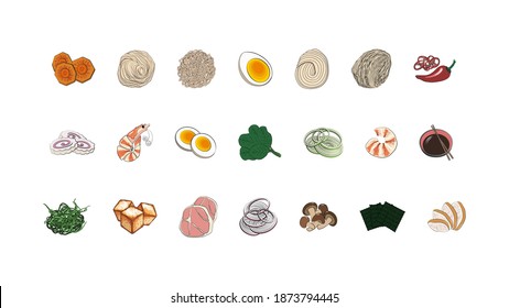 Traditional Japanese or Korean food - a large set of ingredients for traditional Oriental ramen noodle soups. Vector illustration in hand-drawn style on a white background