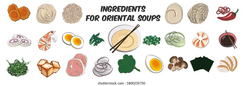 Traditional Japanese or Korean food-a large set of ingredients for traditional Oriental ramen noodle soups. Vector illustration in hand-drawn style on a white background.